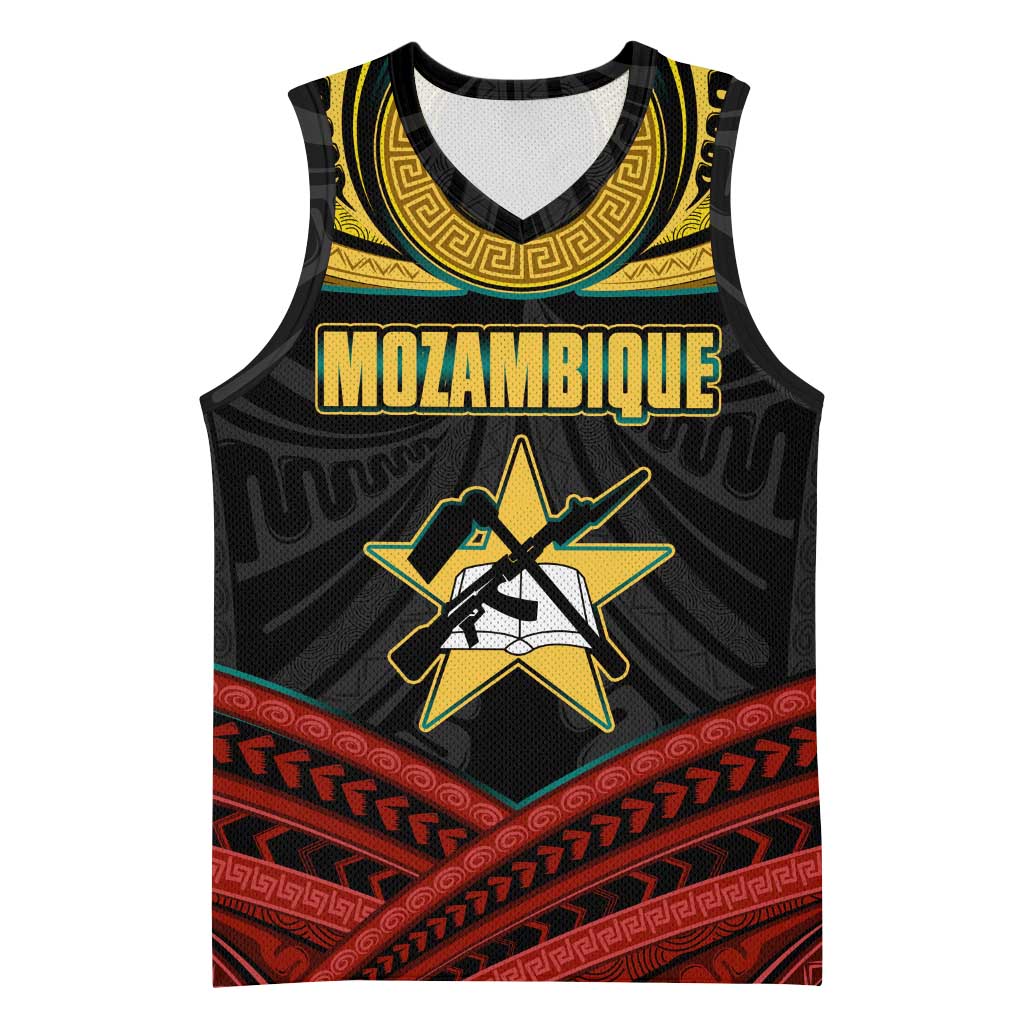 Mozambique Basketball Jersey Black Red Tribal Design Map - African Pride