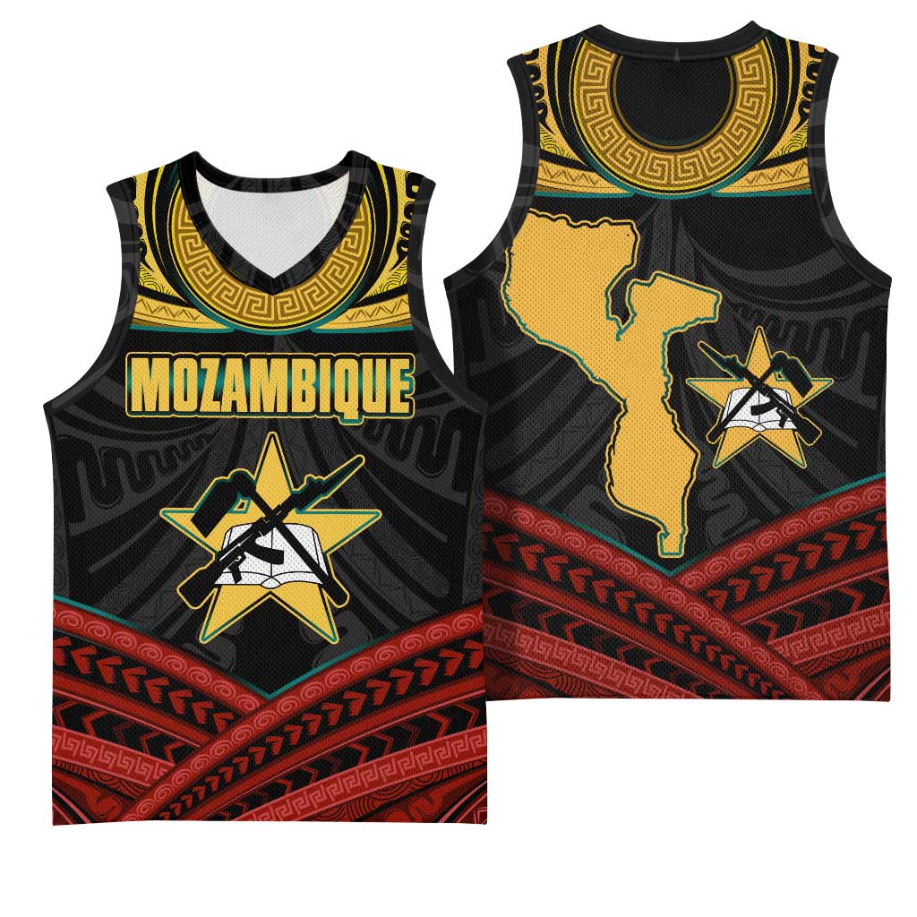 Mozambique Basketball Jersey Black Red Tribal Design Map - African Pride
