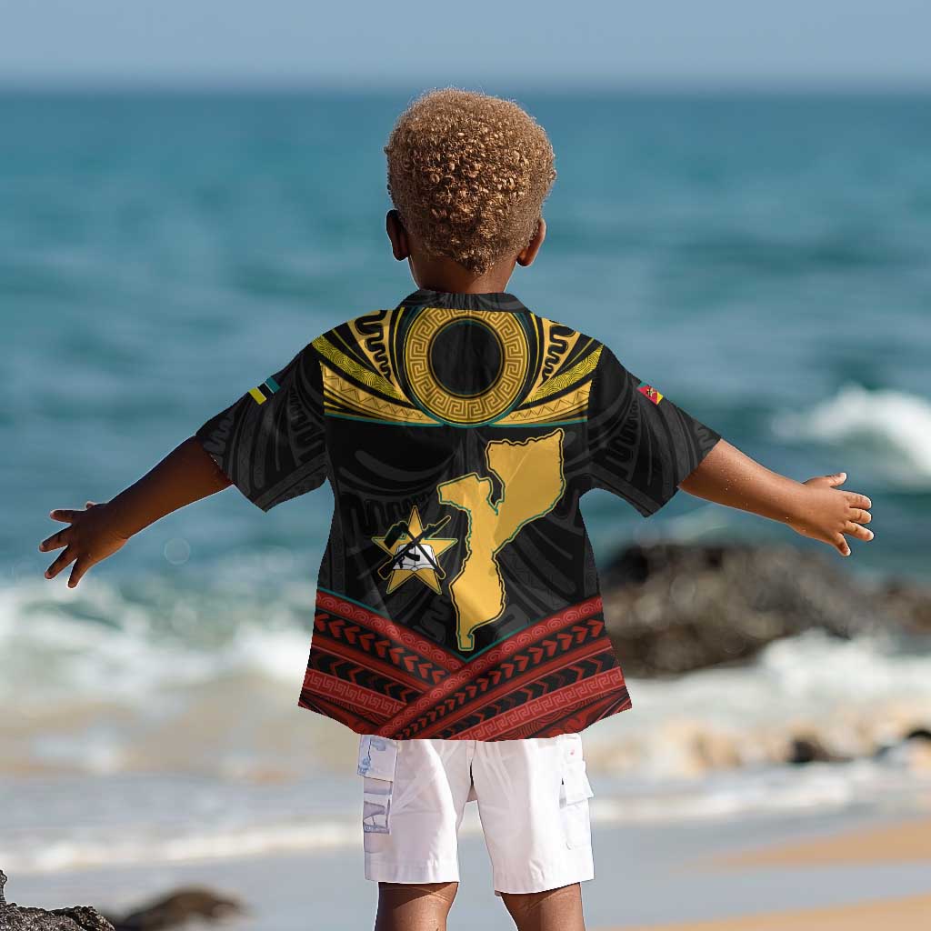 Mozambique Kid Hawaiian Shirt Black Red Tribal Design Map - African Pride