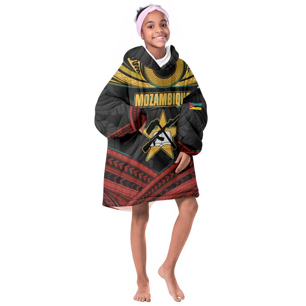 Mozambique Kid Wearable Blanket Hoodie Black Red Tribal Design Map - African Pride