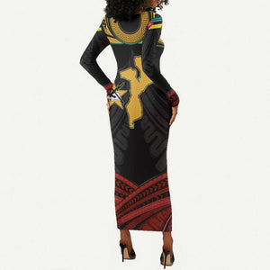 Mozambique Long Sleeve Bodycon Dress Black Red Tribal Design Map - African Pride