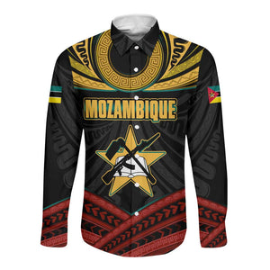 Mozambique Long Sleeve Button Shirt Black Red Tribal Design Map - African Pride