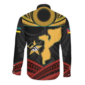 Mozambique Long Sleeve Button Shirt Black Red Tribal Design Map - African Pride