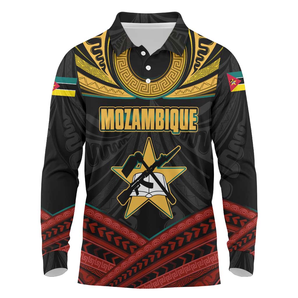 Mozambique Long Sleeve Polo Shirt Black Red Tribal Design Map - African Pride