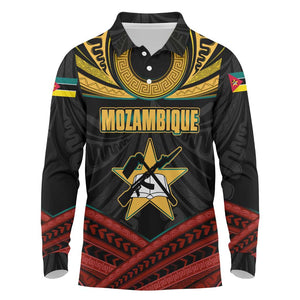 Mozambique Long Sleeve Polo Shirt Black Red Tribal Design Map - African Pride