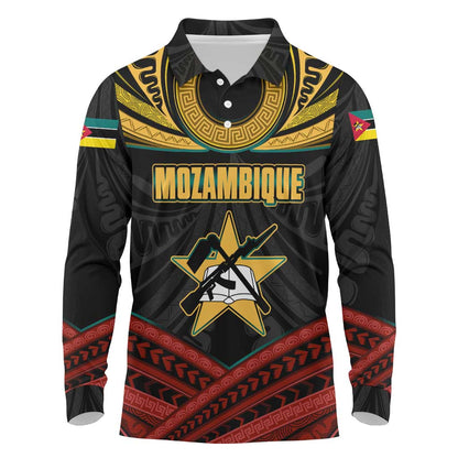 Mozambique Long Sleeve Polo Shirt Black Red Tribal Design Map - African Pride
