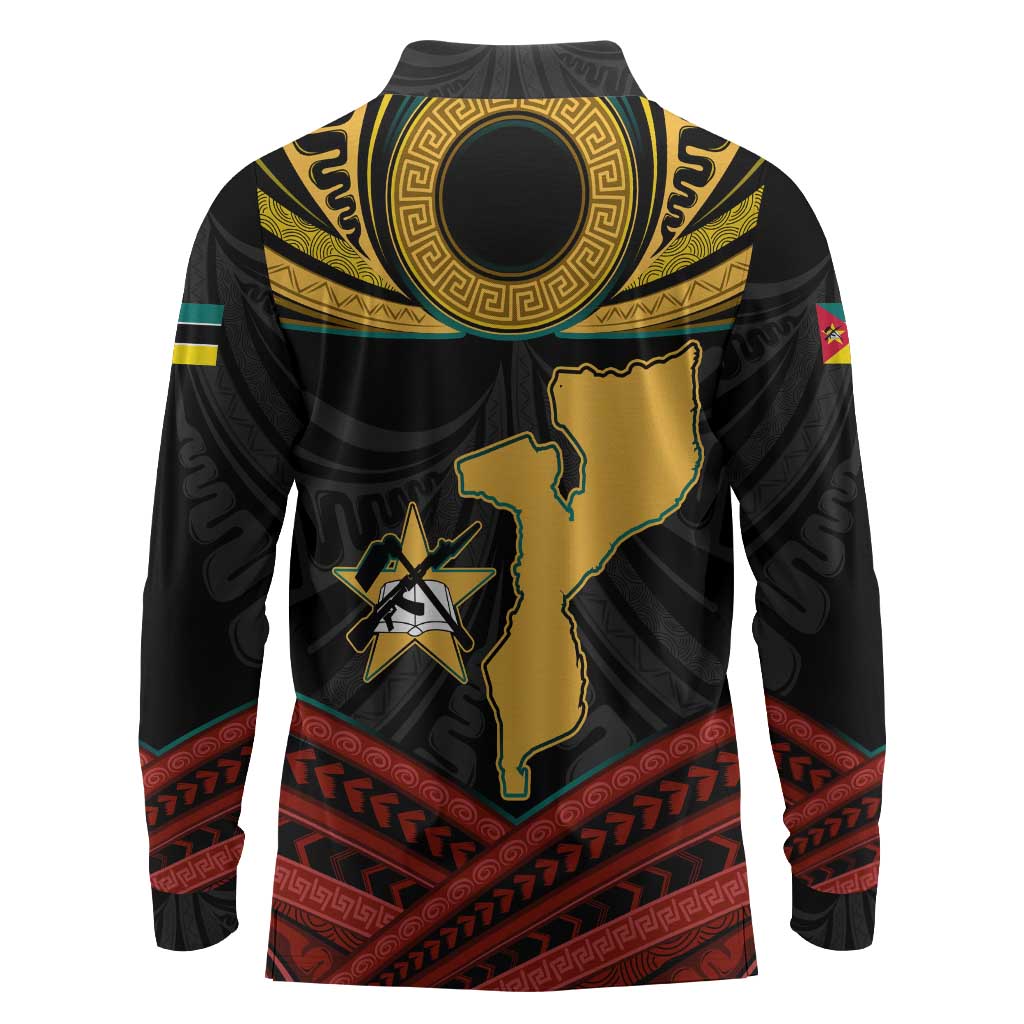 Mozambique Long Sleeve Polo Shirt Black Red Tribal Design Map - African Pride