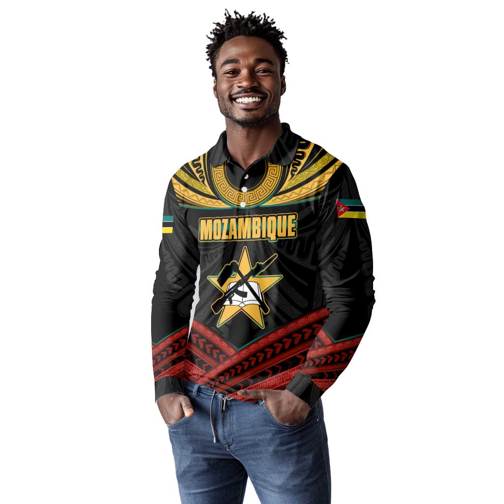 Mozambique Long Sleeve Polo Shirt Black Red Tribal Design Map - African Pride