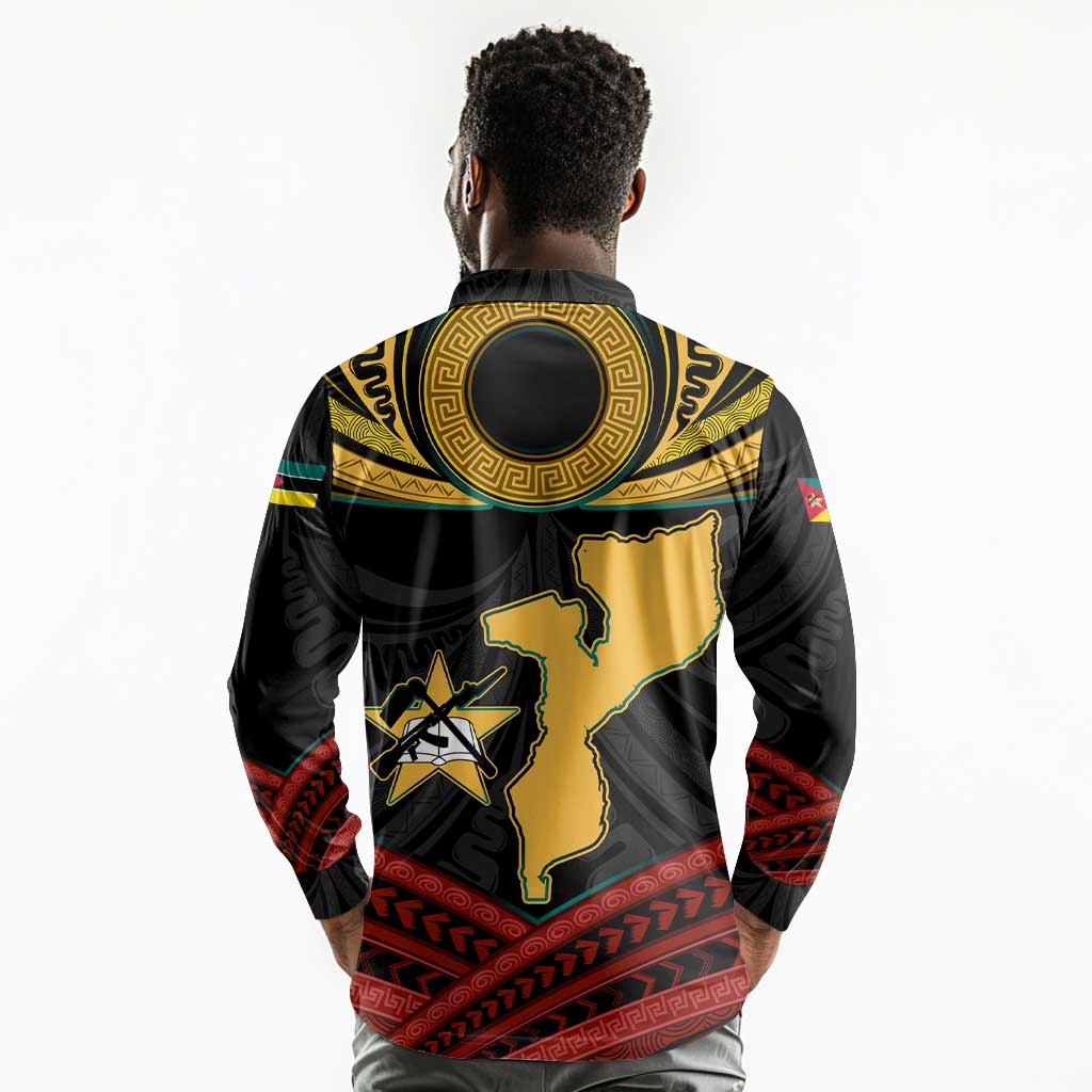 Mozambique Long Sleeve Polo Shirt Black Red Tribal Design Map - African Pride