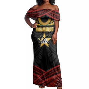 Mozambique Off Shoulder Maxi Dress Black Red Tribal Design Map - African Pride