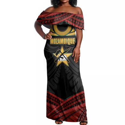 Mozambique Off Shoulder Maxi Dress Black Red Tribal Design Map - African Pride