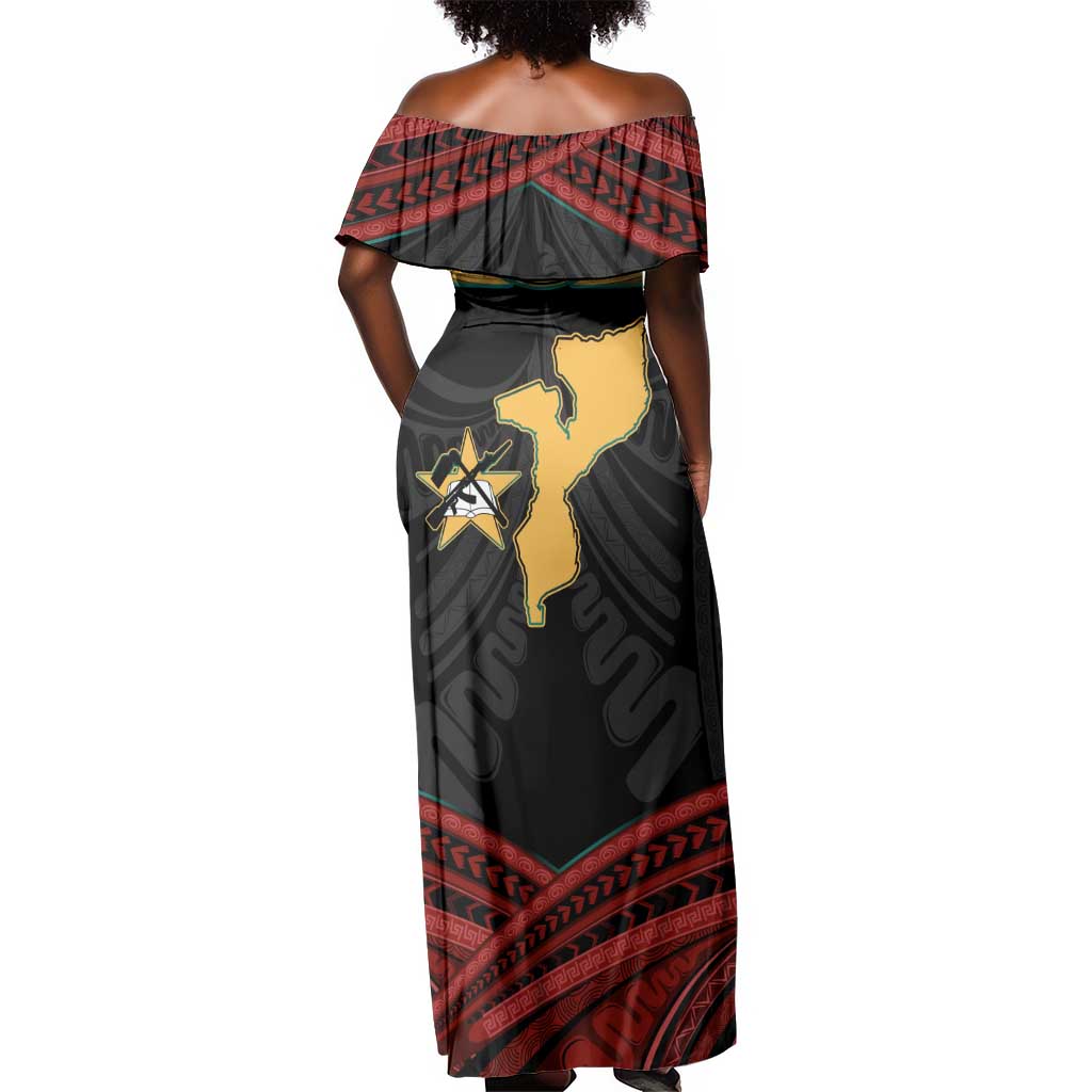 Mozambique Off Shoulder Maxi Dress Black Red Tribal Design Map - African Pride