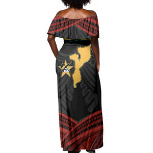 Mozambique Off Shoulder Maxi Dress Black Red Tribal Design Map - African Pride