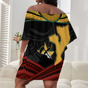 Mozambique Off Shoulder Short Dress Black Red Tribal Design Map - African Pride