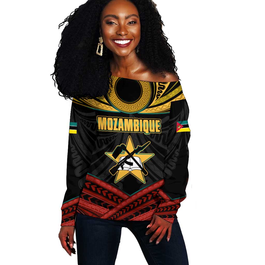 Mozambique Off Shoulder Sweater Black Red Tribal Design Map - African Pride