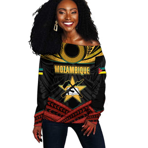 Mozambique Off Shoulder Sweater Black Red Tribal Design Map - African Pride