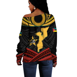 Mozambique Off Shoulder Sweater Black Red Tribal Design Map - African Pride