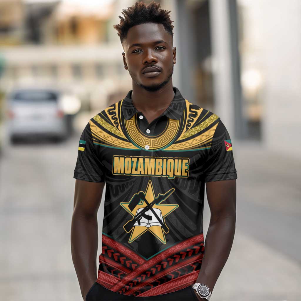 Mozambique Polo Shirt Black Red Tribal Design Map - African Pride