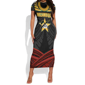 Mozambique Short Sleeve Bodycon Dress Black Red Tribal Design Map - African Pride