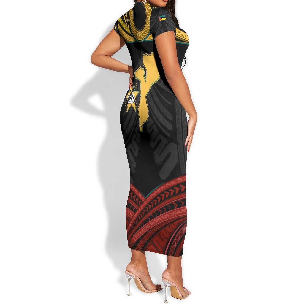 Mozambique Short Sleeve Bodycon Dress Black Red Tribal Design Map - African Pride