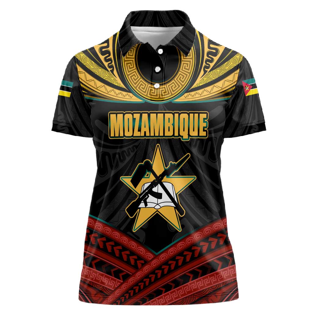 Mozambique Women Polo Shirt Black Red Tribal Design Map - African Pride