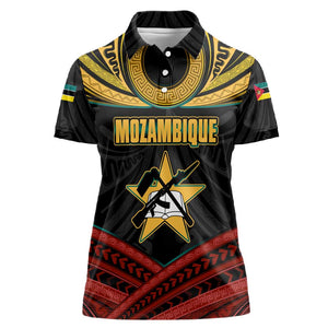 Mozambique Women Polo Shirt Black Red Tribal Design Map - African Pride