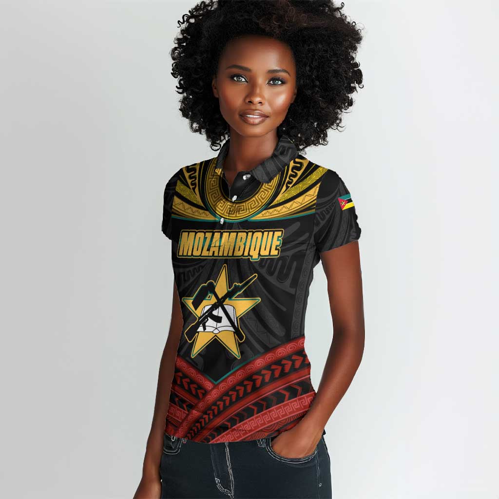 Mozambique Women Polo Shirt Black Red Tribal Design Map - African Pride