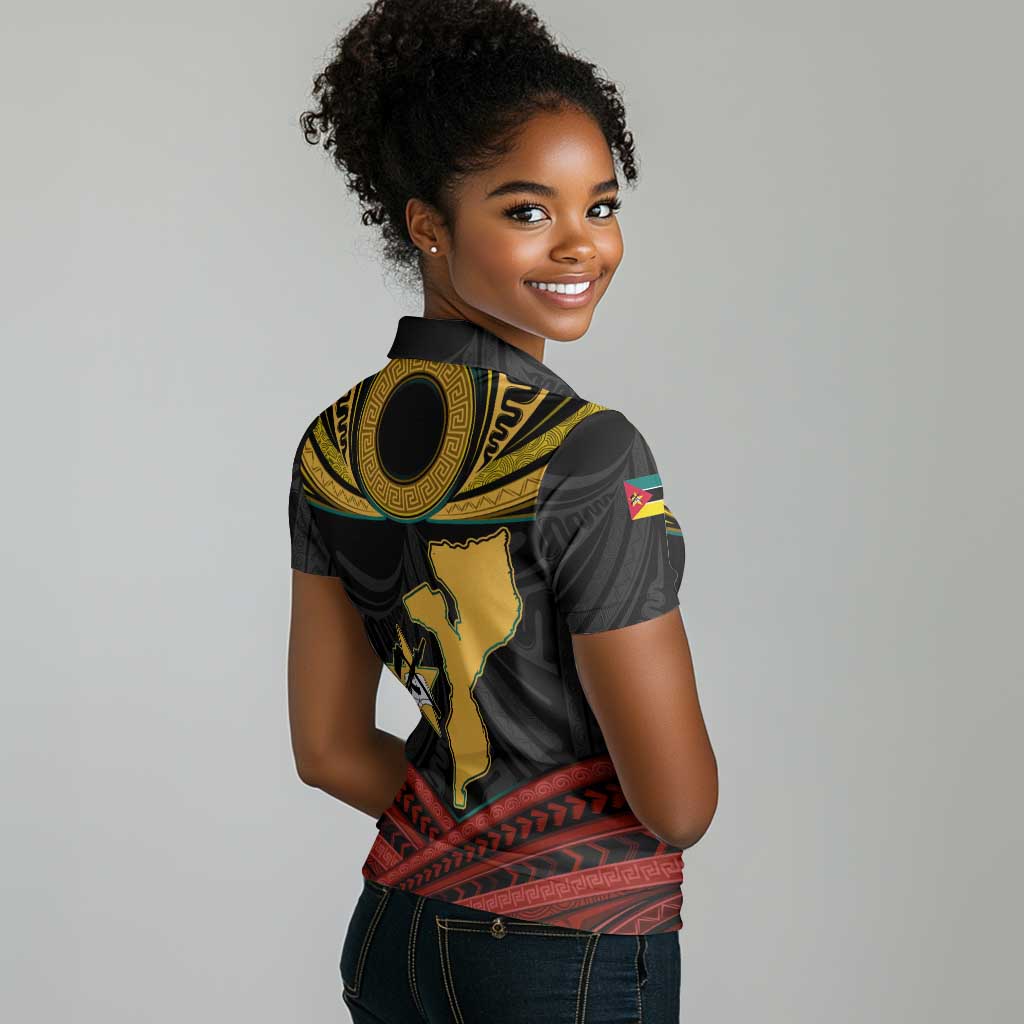 Mozambique Women Polo Shirt Black Red Tribal Design Map - African Pride