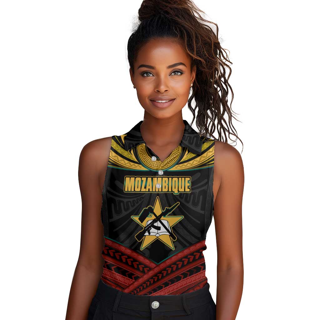 Mozambique Women Sleeveless Polo Shirt Black Red Tribal Design Map - African Pride