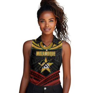 Mozambique Women Sleeveless Polo Shirt Black Red Tribal Design Map - African Pride