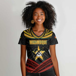 Mozambique Women V-Neck T-Shirt Black Red Tribal Design Map - African Pride