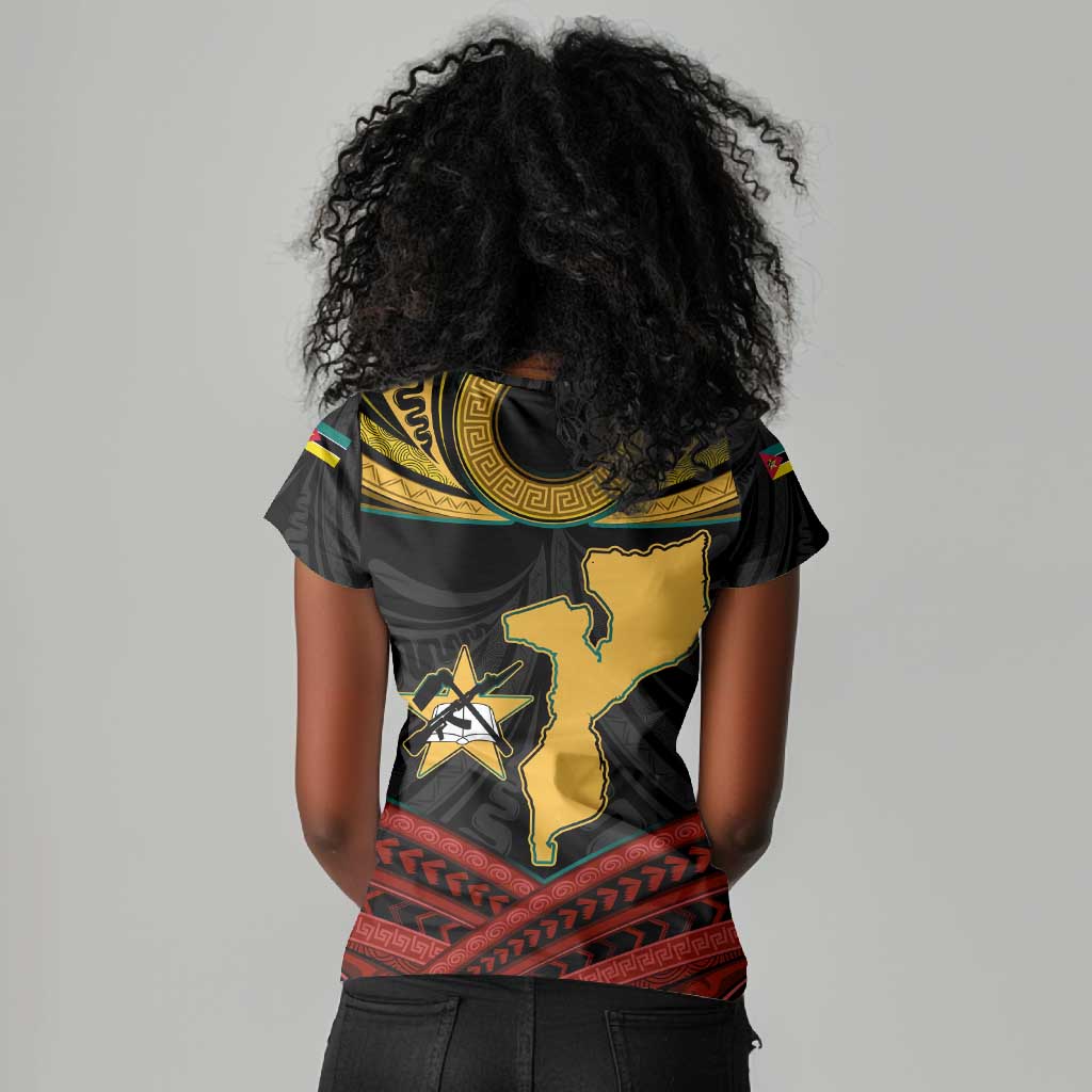 Mozambique Women V-Neck T-Shirt Black Red Tribal Design Map - African Pride
