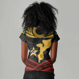 Mozambique Women V-Neck T-Shirt Black Red Tribal Design Map - African Pride