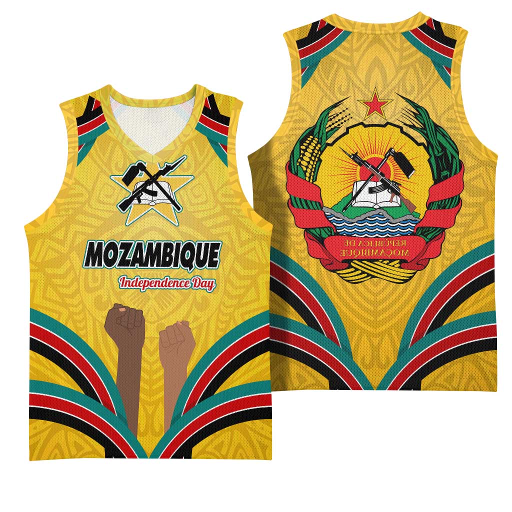 Mozambique Basketball Jersey Yellow Red Green Swirl Independence Day - African Pride