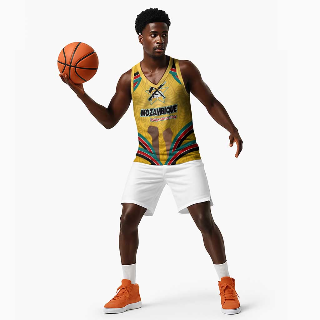 Mozambique Basketball Jersey Yellow Red Green Swirl Independence Day - African Pride