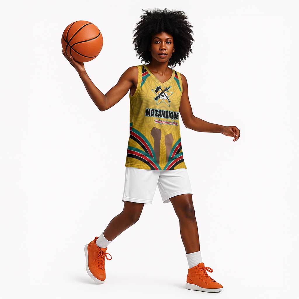 Mozambique Basketball Jersey Yellow Red Green Swirl Independence Day - African Pride