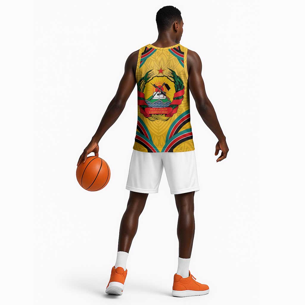 Mozambique Basketball Jersey Yellow Red Green Swirl Independence Day - African Pride