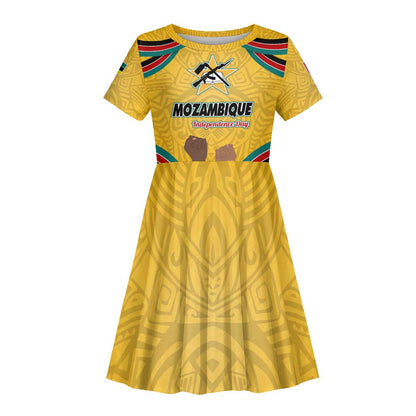Mozambique Kid Short Sleeve Dress Yellow Red Green Swirl Independence Day - African Pride