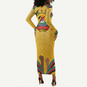 Mozambique Long Sleeve Bodycon Dress Yellow Red Green Swirl Independence Day - African Pride