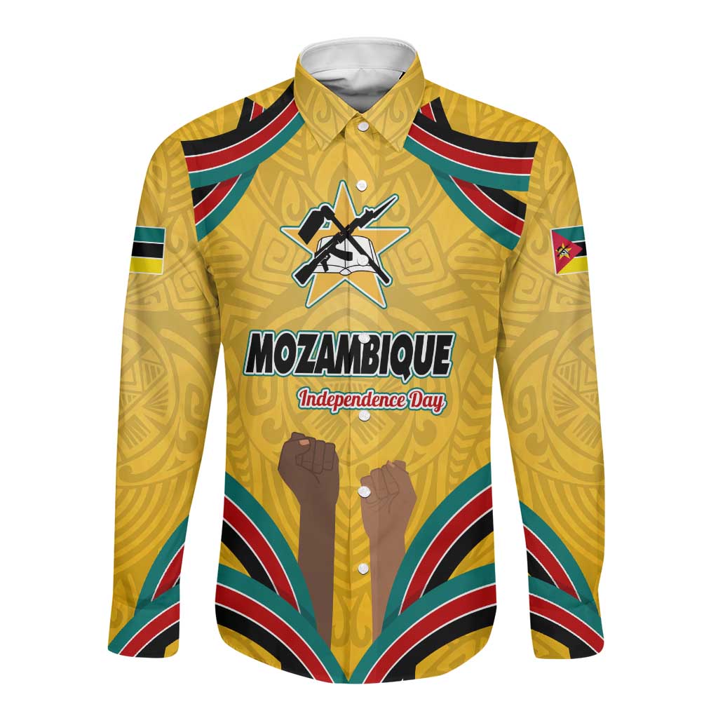 Mozambique Long Sleeve Button Shirt Yellow Red Green Swirl Independence Day - African Pride