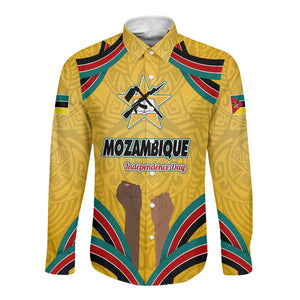 Mozambique Long Sleeve Button Shirt Yellow Red Green Swirl Independence Day - African Pride