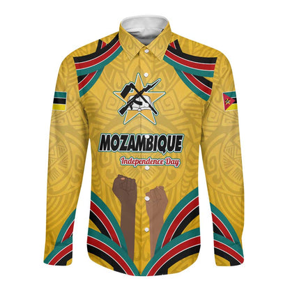 Mozambique Long Sleeve Button Shirt Yellow Red Green Swirl Independence Day - African Pride