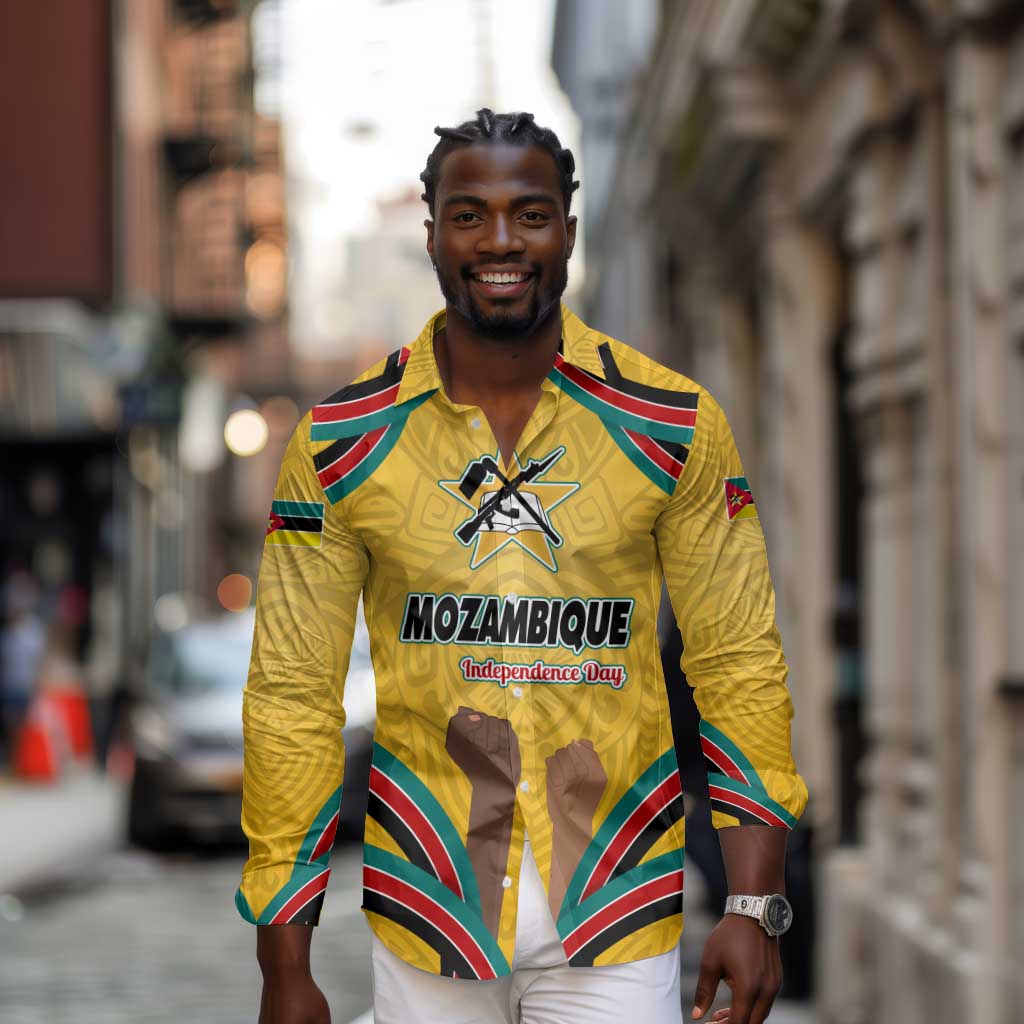 Mozambique Long Sleeve Button Shirt Yellow Red Green Swirl Independence Day - African Pride