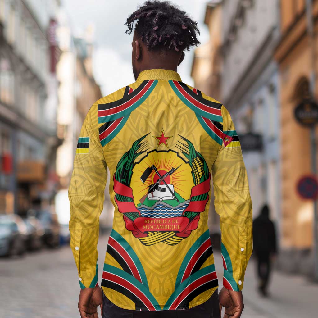 Mozambique Long Sleeve Button Shirt Yellow Red Green Swirl Independence Day - African Pride