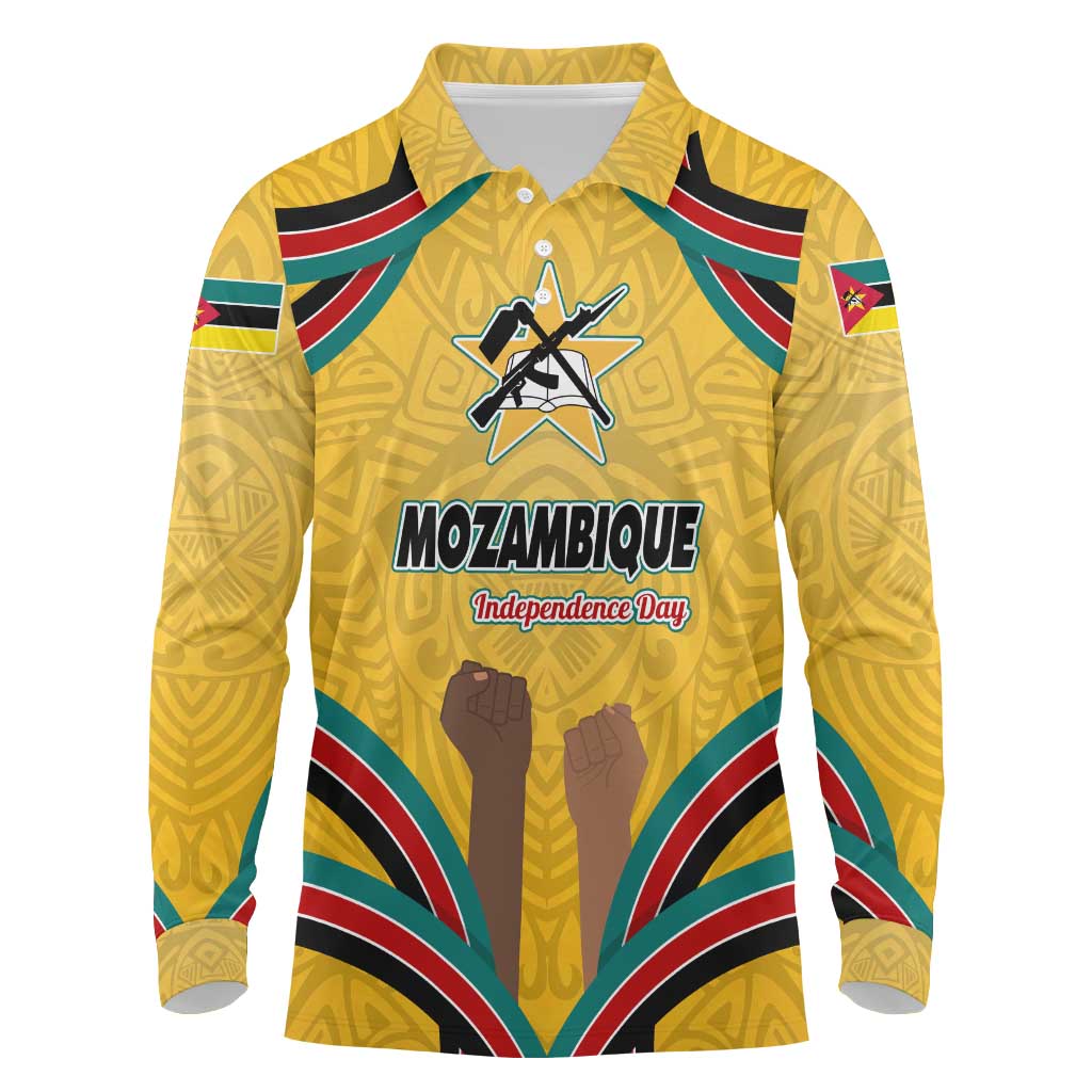 Mozambique Long Sleeve Polo Shirt Yellow Red Green Swirl Independence Day - African Pride