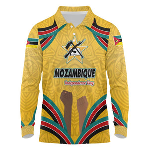 Mozambique Long Sleeve Polo Shirt Yellow Red Green Swirl Independence Day - African Pride