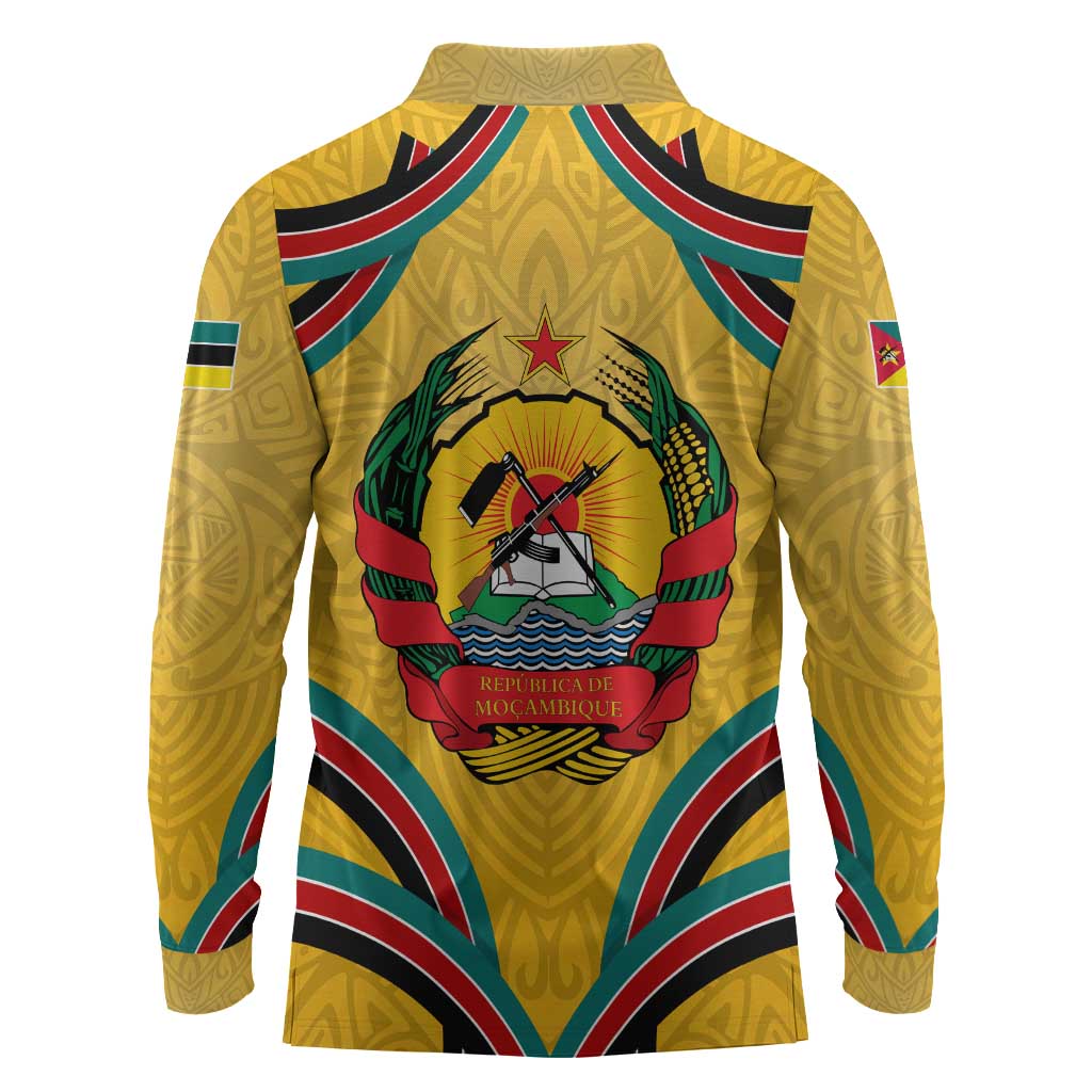 Mozambique Long Sleeve Polo Shirt Yellow Red Green Swirl Independence Day - African Pride