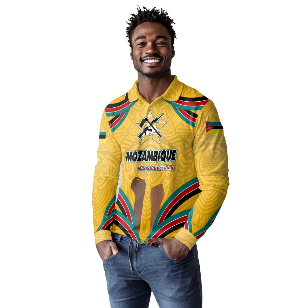 Mozambique Long Sleeve Polo Shirt Yellow Red Green Swirl Independence Day - African Pride