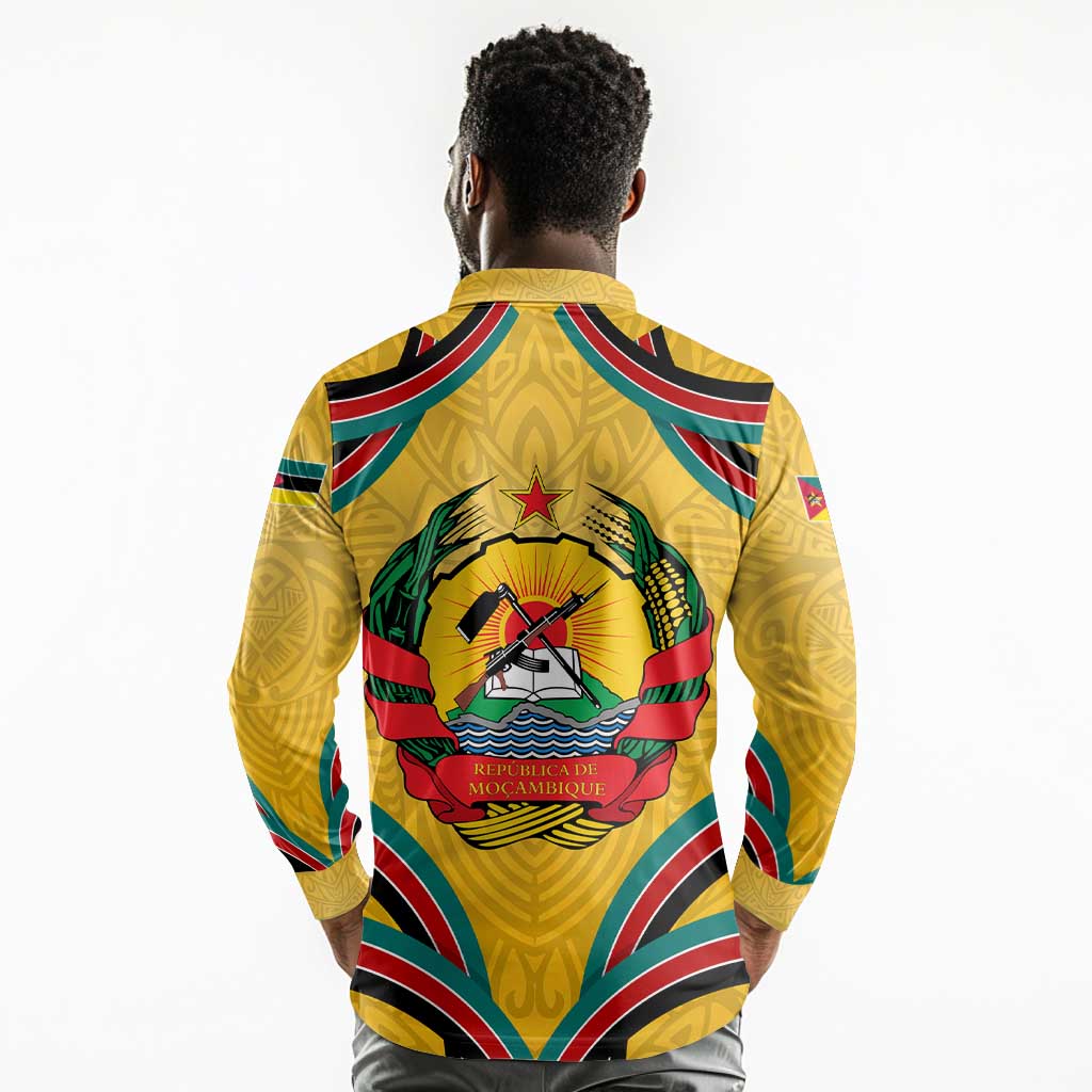 Mozambique Long Sleeve Polo Shirt Yellow Red Green Swirl Independence Day - African Pride