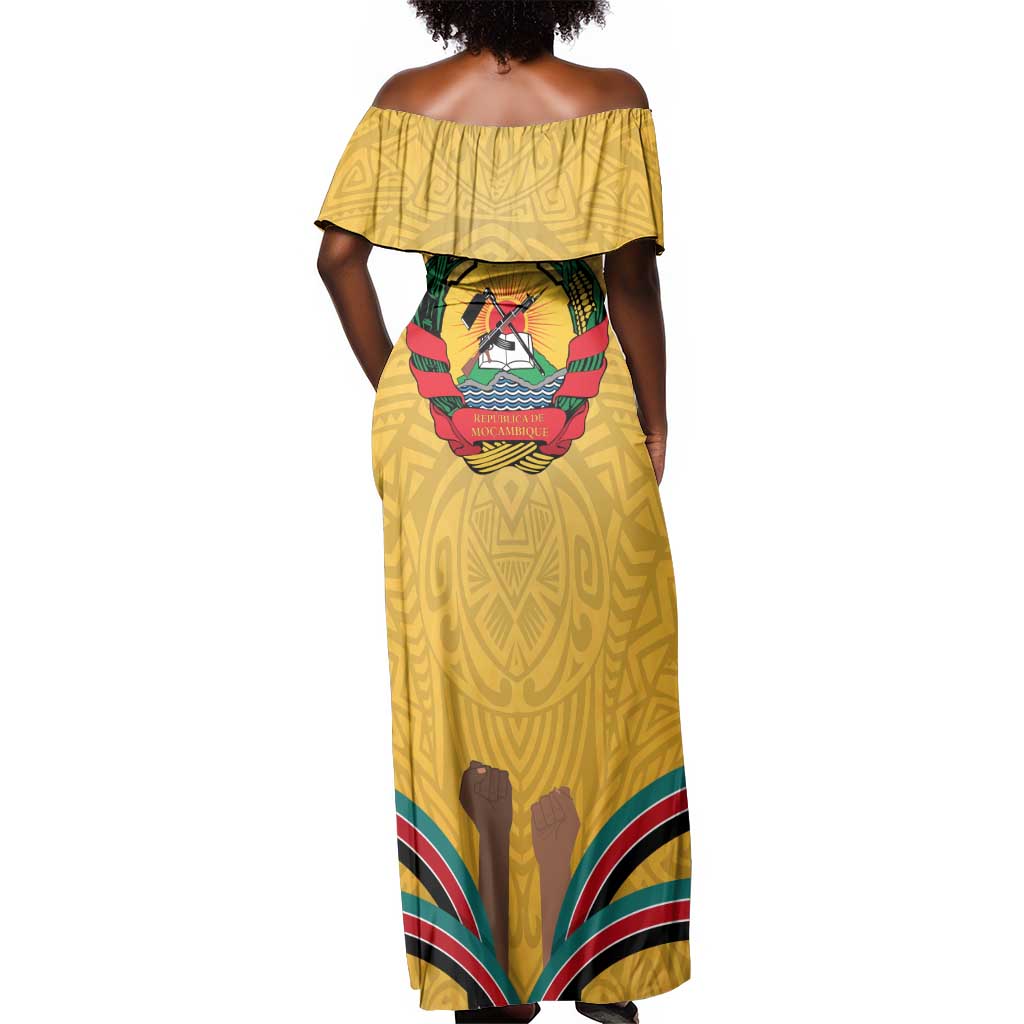 Mozambique Off Shoulder Maxi Dress Yellow Red Green Swirl Independence Day - African Pride
